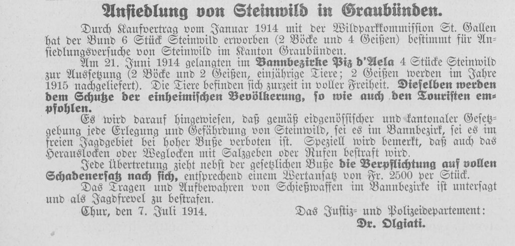Die Behörde orientiert über die Ansiedlung von Steinwild in Graubünden im Amtsblatt des Kantons Graubünden, 10. Juli 1914.