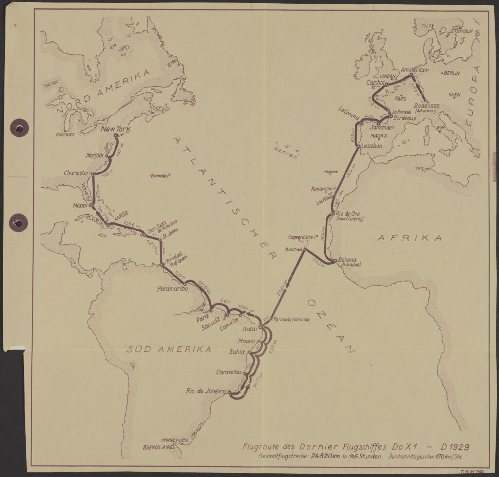 Percorso del volo transatlantico del Do X nel 1930/31. Sigla: Archivio di Stato di San Gallo. W 241