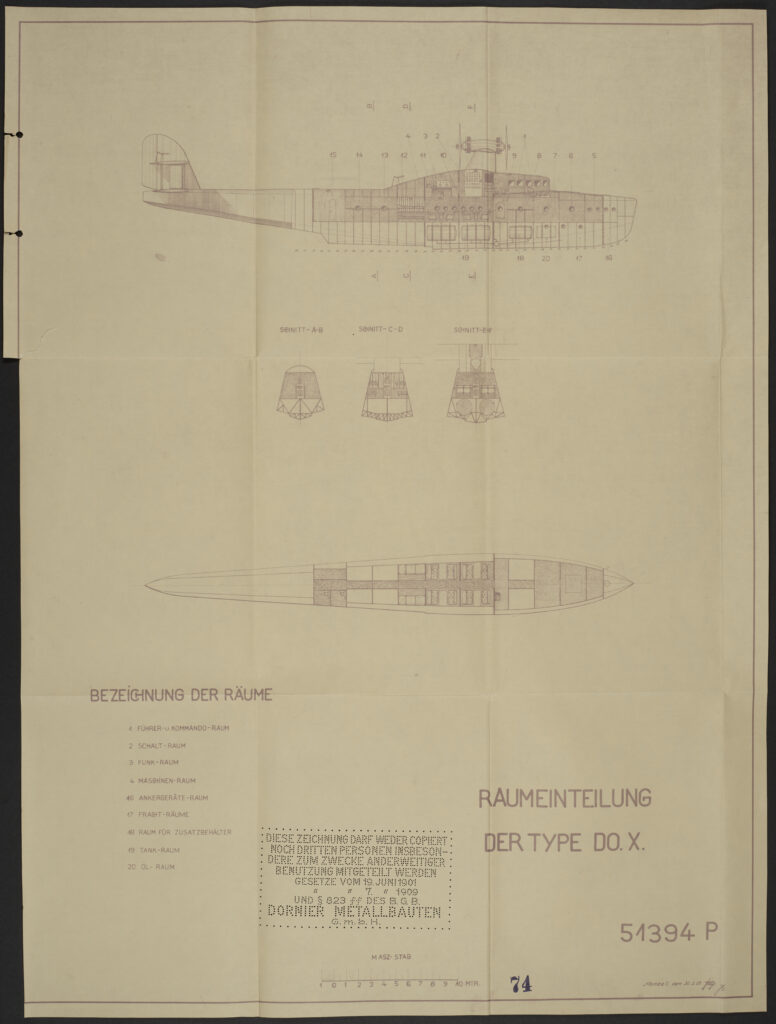 Documento archivistico: Schema dell'aereo Do X con suddivisione degli spazi del 30 marzo 1928. Sigla: Archivio di Stato di San Gallo, W 241