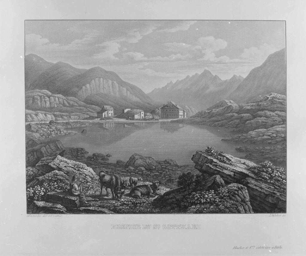 Veduta dell’ospizio del San Gottardo. Segnatura: Archivio di Stato del Cantone Ticino, Stampe LE.A.3.50.
