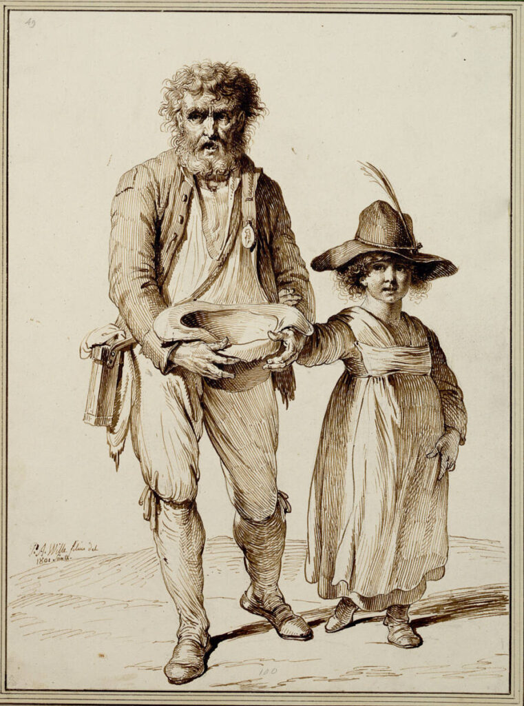 Vecchio mendicante con bambino, disegno a penna su carta, 1801. Sigla/diritti d’immagine: Collezione Albertina, Pierre Alexandre Wille, Alter Bettler mit Kind, Federzeichnung auf Papier, 1801.