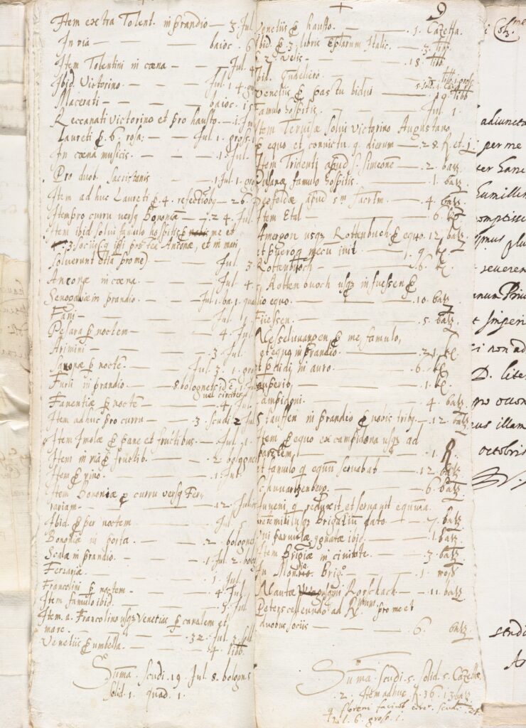 Documento archivistico: doppia pagina del libretto delle spese di padre Jodok Metzler, che nell’autunno del 1601 si recò a Roma per un soggiorno di studio di venti mesi su incarico del suo abate Bernhard Müller. Una delle prime spese sostenute dal benedettino di San Gallo fu per l’acquisto di latte di capra ai piedi del San Gottardo. Segnatura: Stiftsarchiv St. Gallen, Bd. 741, f. 24r ff.