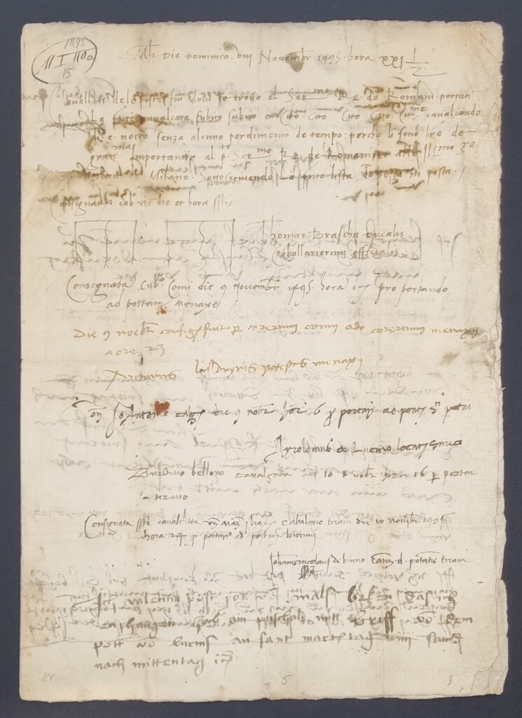 Archivale: Poststundenpass von Mailand nach Worms im Zeitraum vom 8. bis zum 15. November 1495. Signatur: AT-TLA, BBÄ, Maximiliana 1.40a I.2